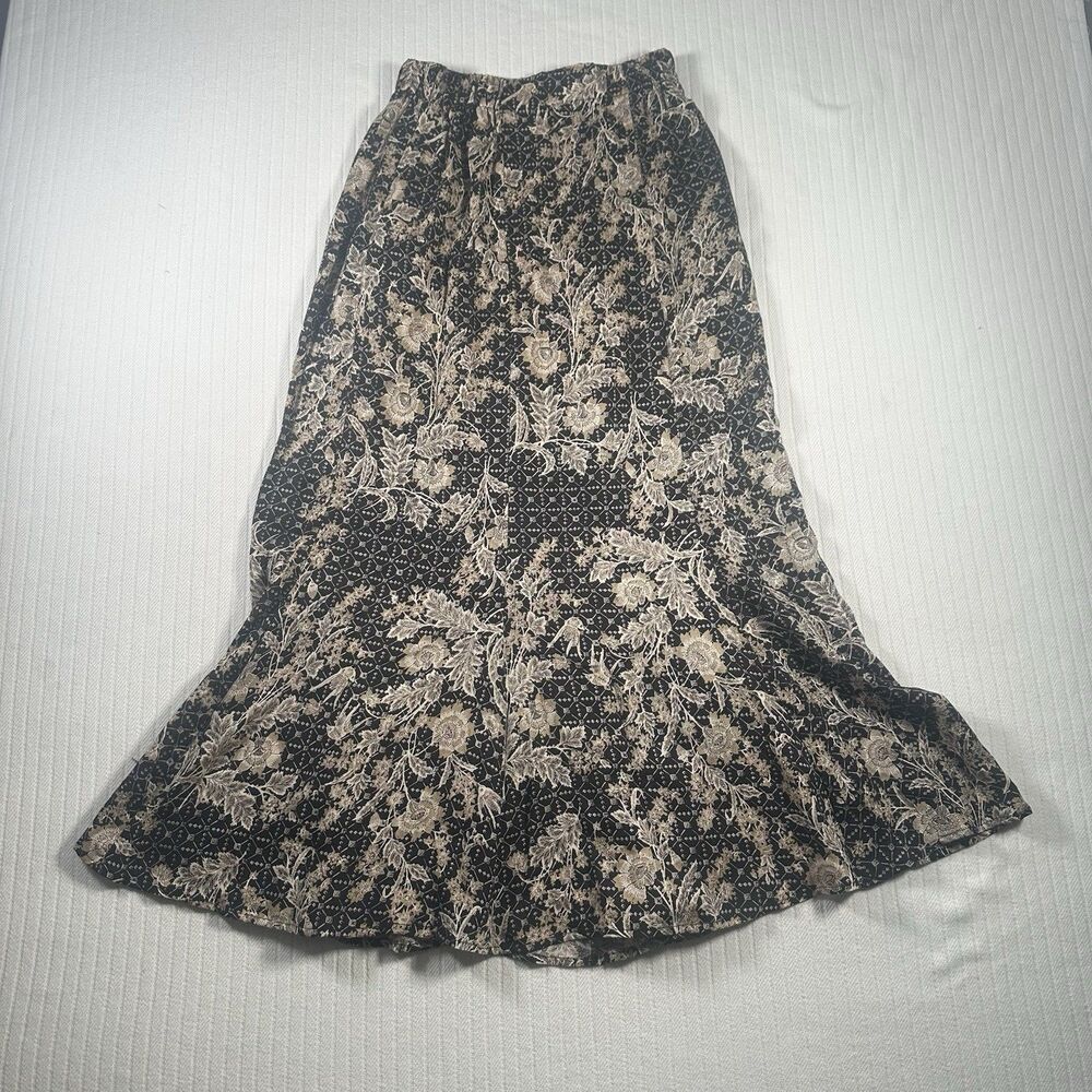 Windridge Women’s Small Black Beige Floral Maxi Skirt Boho Cottagecore Flare